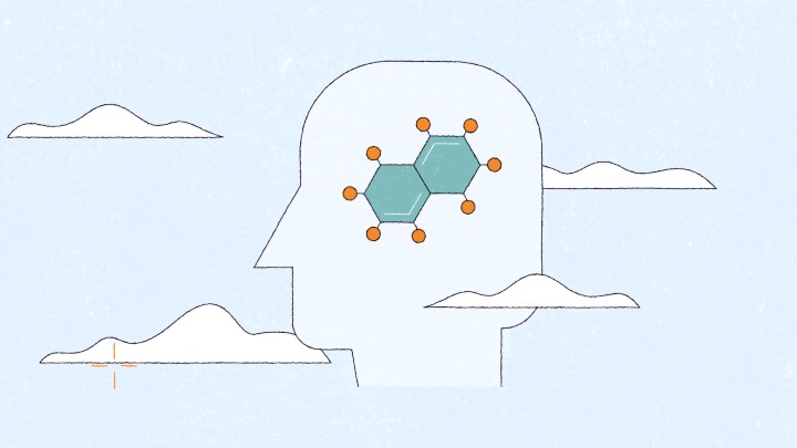 A graphic of outline of a human head in sky with molecular shapes inside.