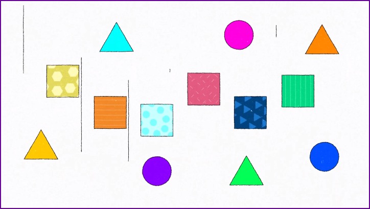A graphic containing colourful squares, circles and triangles.
