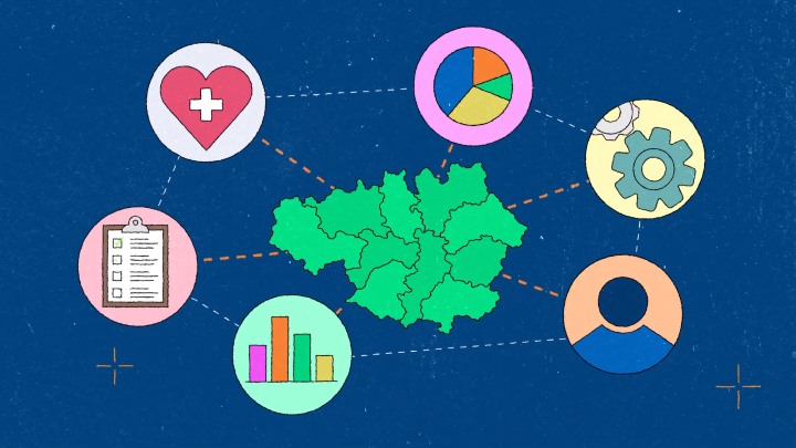 Manchester region with dotted lines leading to icons representing health, data, tools and people.