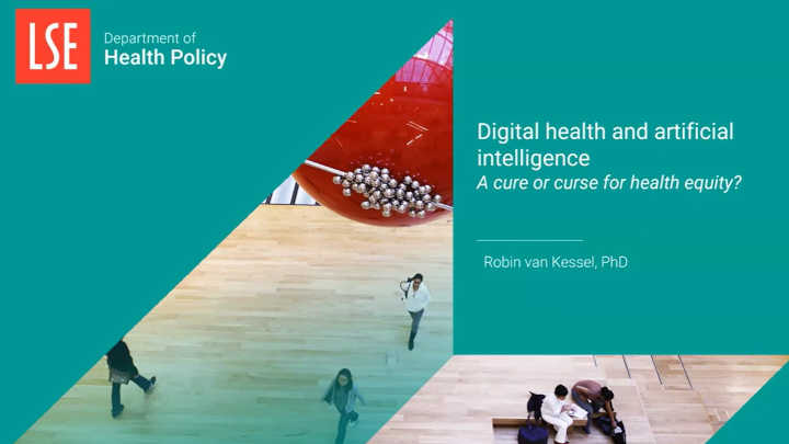 Title page of presentation: Digital health and artificial intelligence: a cure or curse for health equity? by Robin van Kessel.