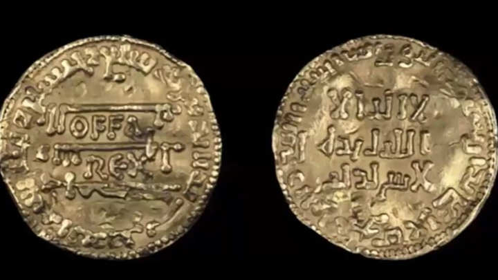 Two old coins: gold dinar of Offa, King of Mercia 757-796 AD - video still from seminar recording.